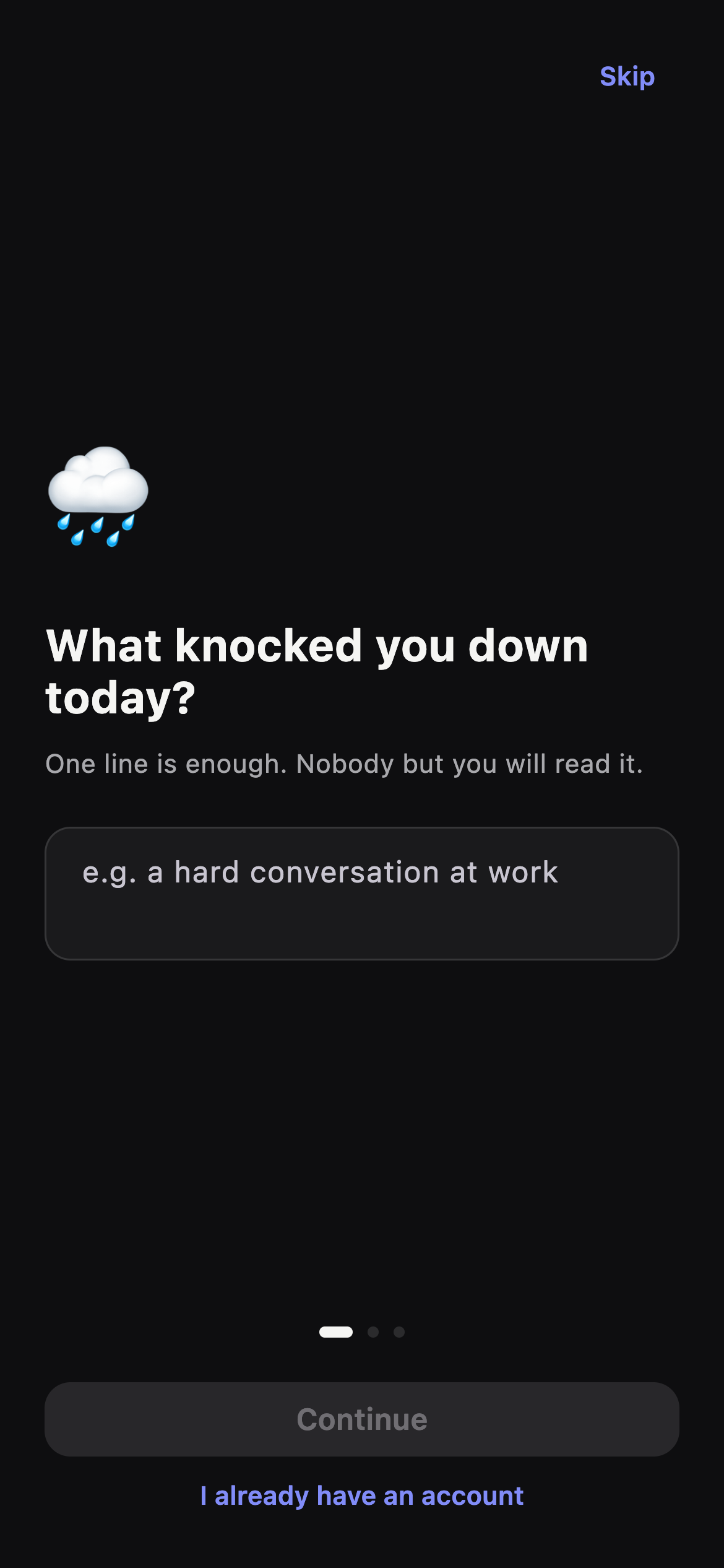 App screen asking “What knocked you down today?”, with the instruction to write the adversity down in one line.