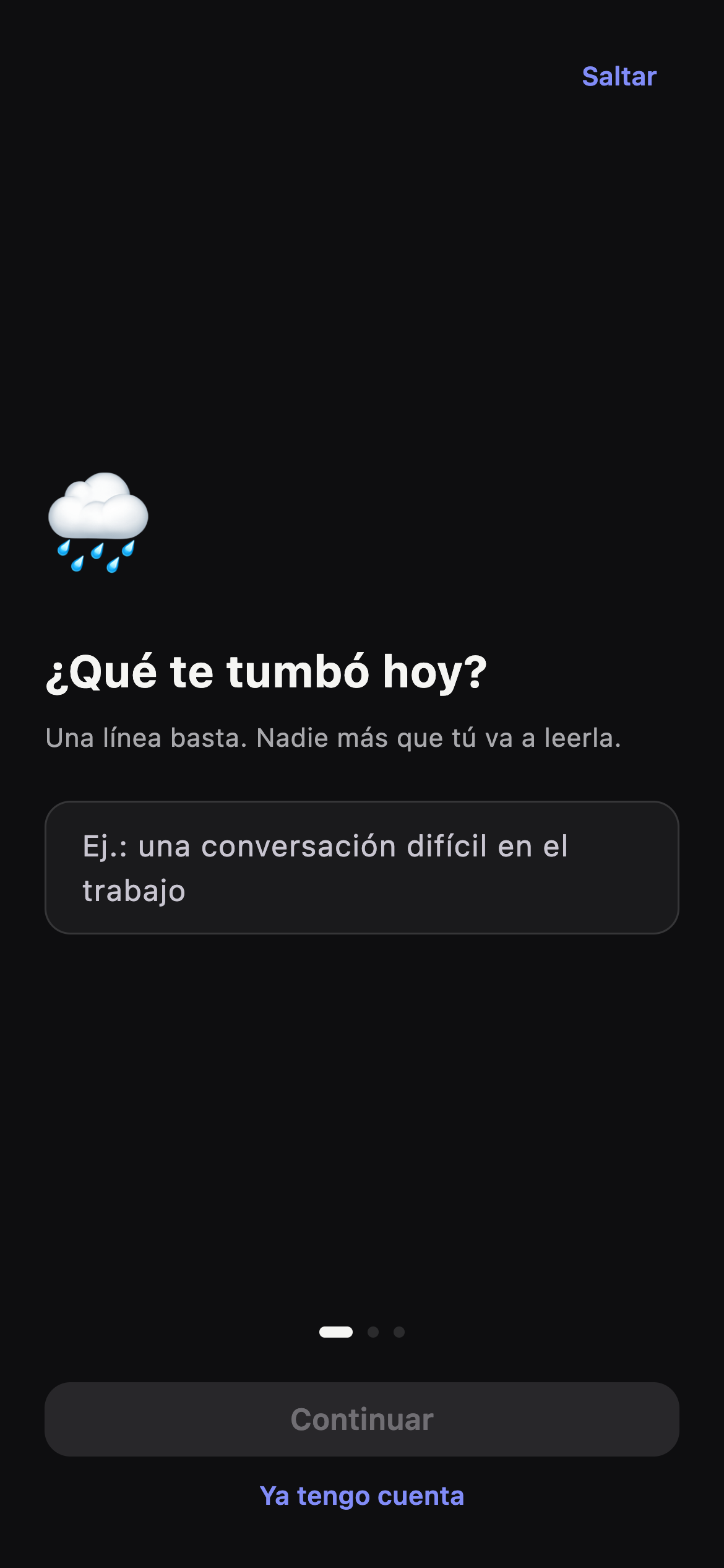 Pantalla de la app preguntando “¿Qué te tumbó hoy?”, con la instrucción de anotar la adversidad en una línea.